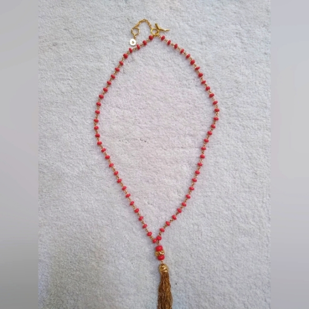 BRAND NEW Tory Burch Red Bead Necklace 18k Gold plated with Fine Chain Tassel